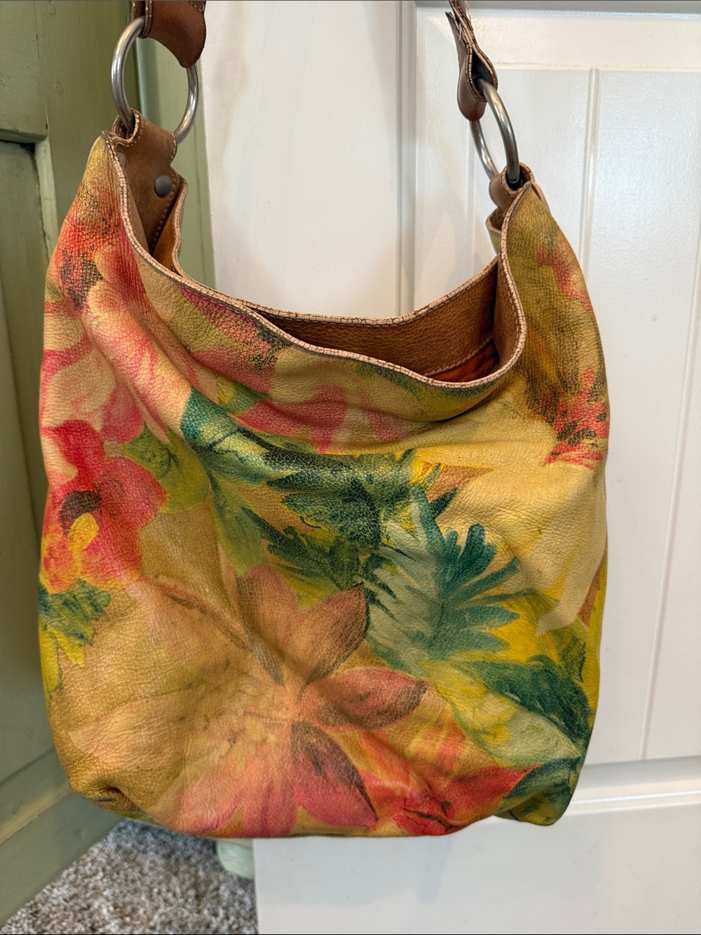 Maurizio Taiuti Floral Leather Shoulder Bag in Yellow, Green and Pink